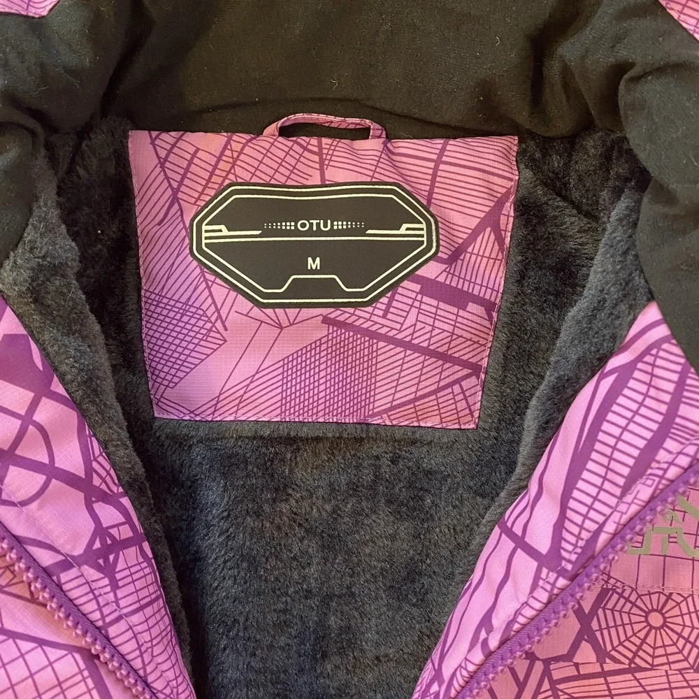 OTU Womens Purple Geometric Map Print Waterproof Ski Snowboard Jacket Hooded Med